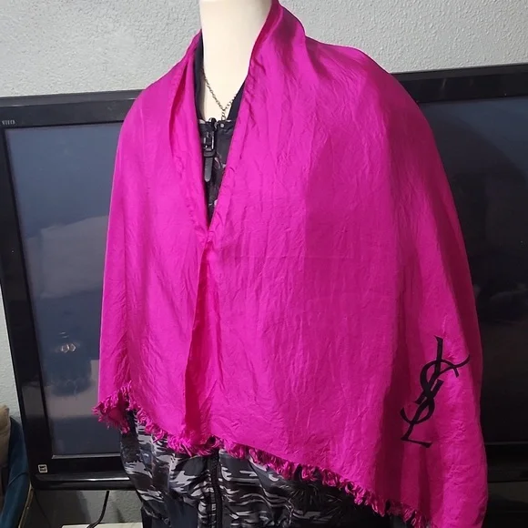 YSL Vintage Silk Scarf Pink Black Made In France - Picture 6 of 8